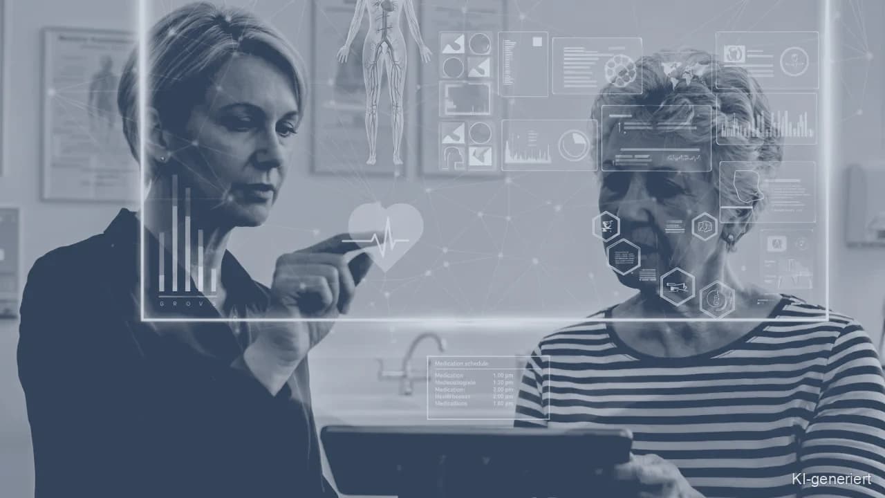 Fachkraft im Sanitätshaus bedient ein holografisches Dashboard mit Gesundheitsdaten, während sie eine ältere Kundin berät