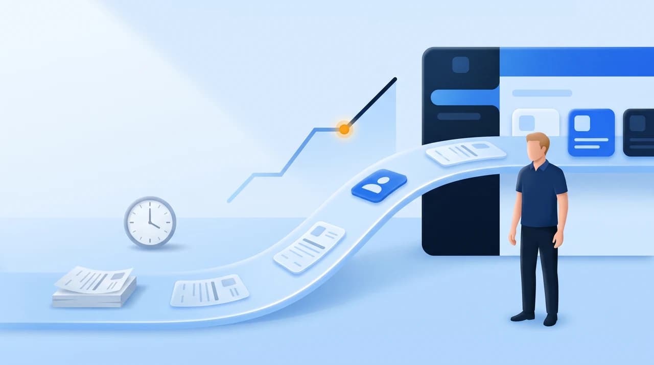 Illustration eines Ablaufs im Gesundheitsbetrieb: links Papierstapel und Uhr, ein geschwungener Weg führt die Papiere als digitale Karten in eine Software-Oberfläche, darüber eine steigende Linie mit hervorgehobenem Punkt, rechts steht ein Mitarbeiter ohne Aufgabe daneben