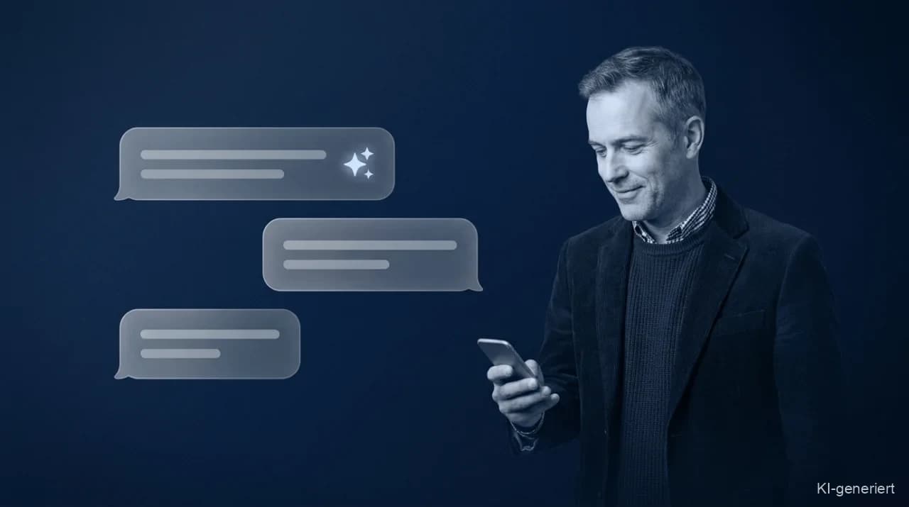 Lächelnder Mann schaut auf sein Smartphone, daneben schwebende Chat-Antworten — ein Sanitätshaus wird in der Google-Suche und in KI-Antworten gefunden