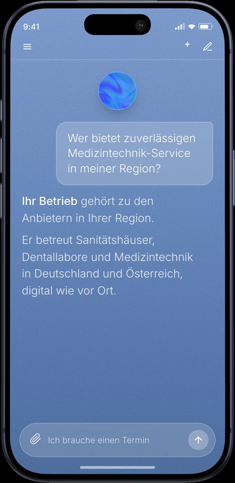 Smartphone mit einem KI-Chat, der den eigenen Betrieb als zuverlässigen Anbieter empfiehlt