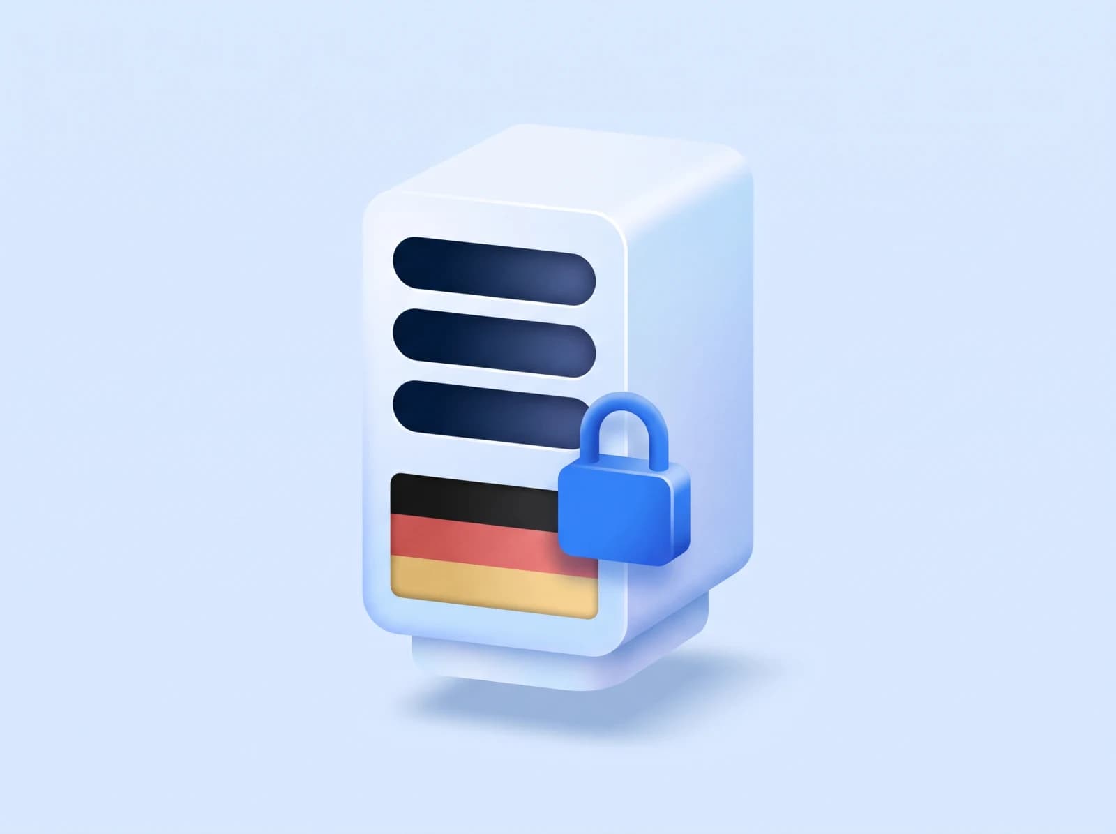 Serverschrank mit deutscher Flagge und geschlossenem Vorhängeschloss als Sinnbild für Hosting in Deutschland