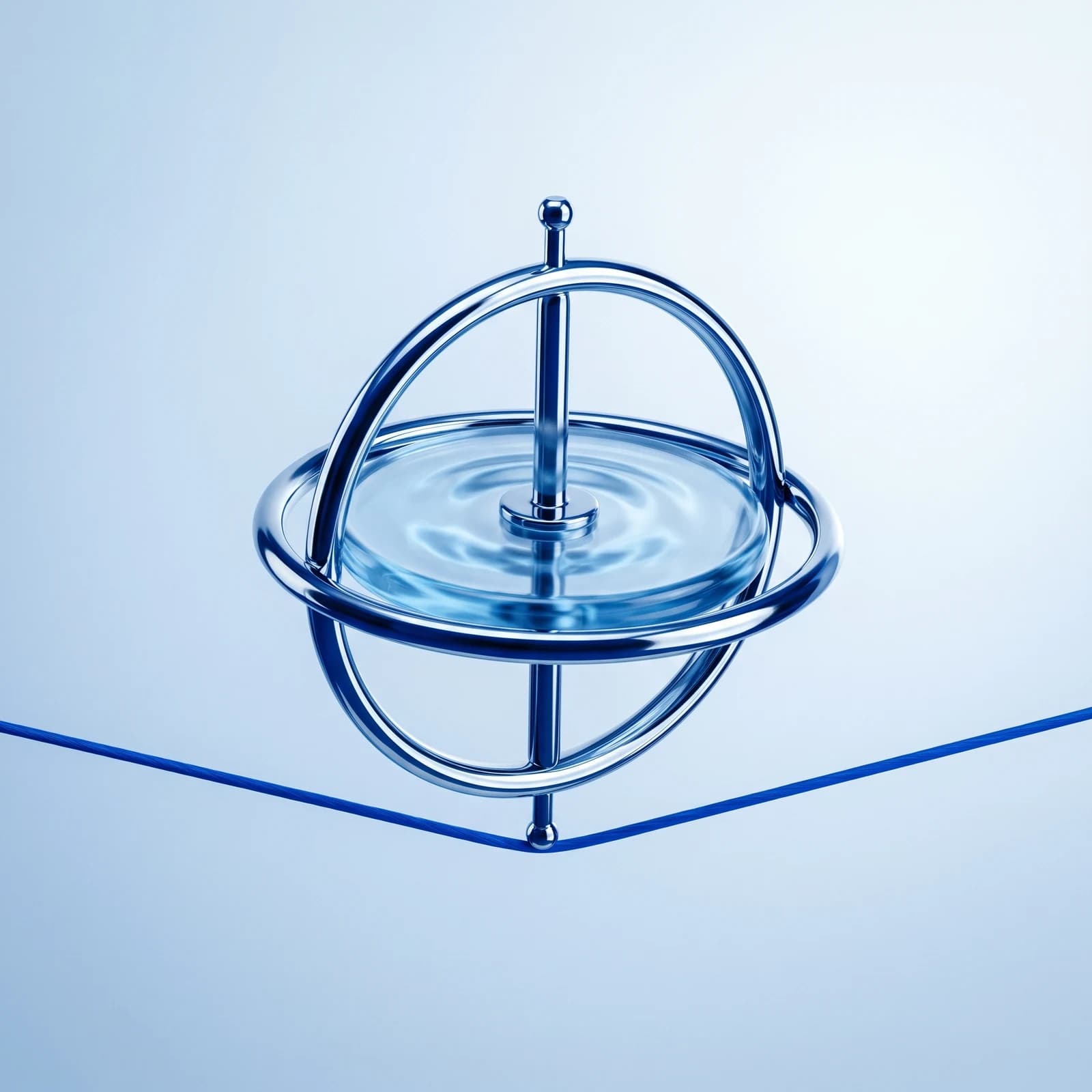 Gyroskop aus Glas und Chrom, das auf einem gespannten Draht die Balance hält