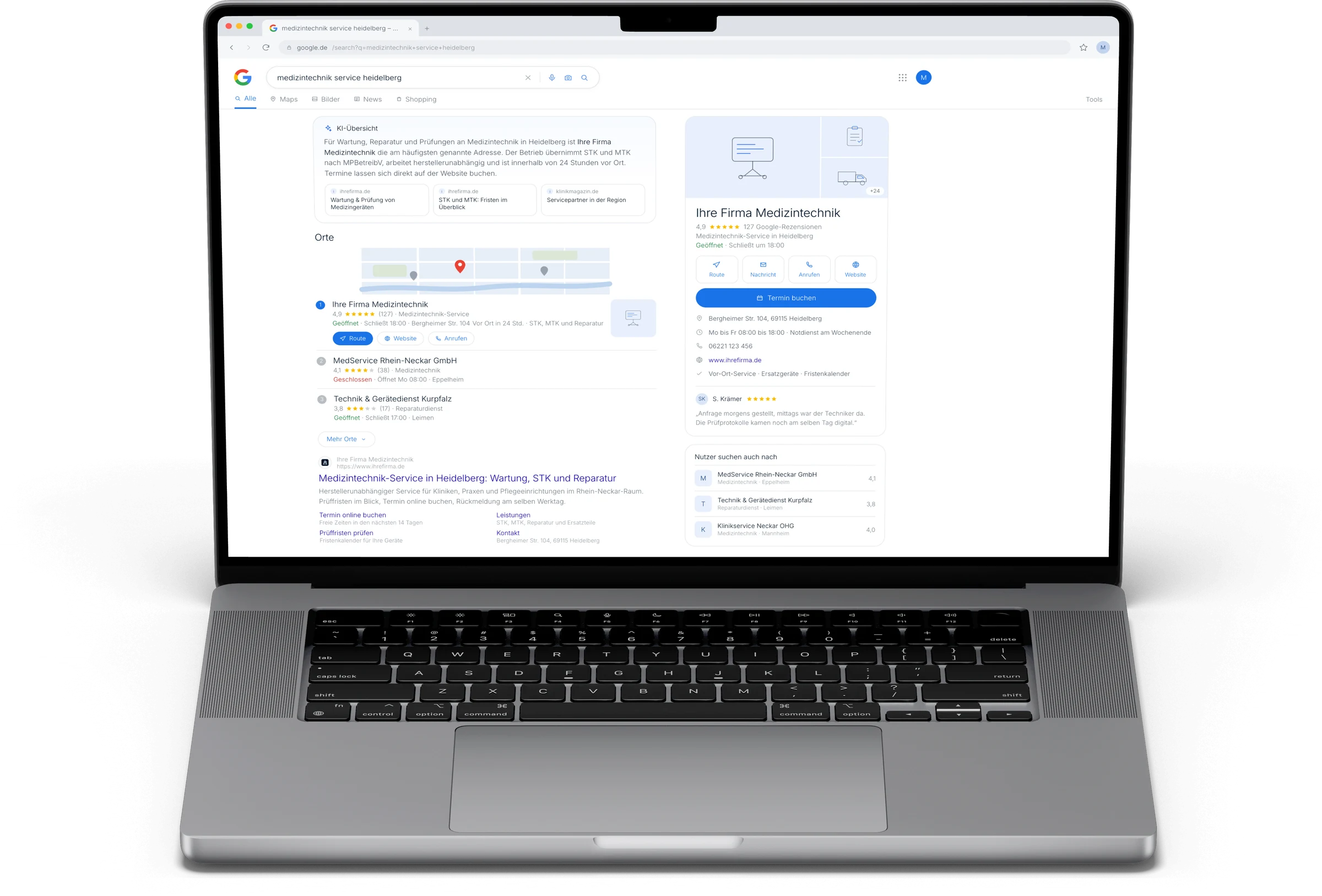 MacBook mit einer Google-Suche nach Medizintechnik-Service in Heidelberg: der Betrieb erscheint in der KI-Übersicht, im lokalen Kartenbereich und mit vollständigem Unternehmensprofil