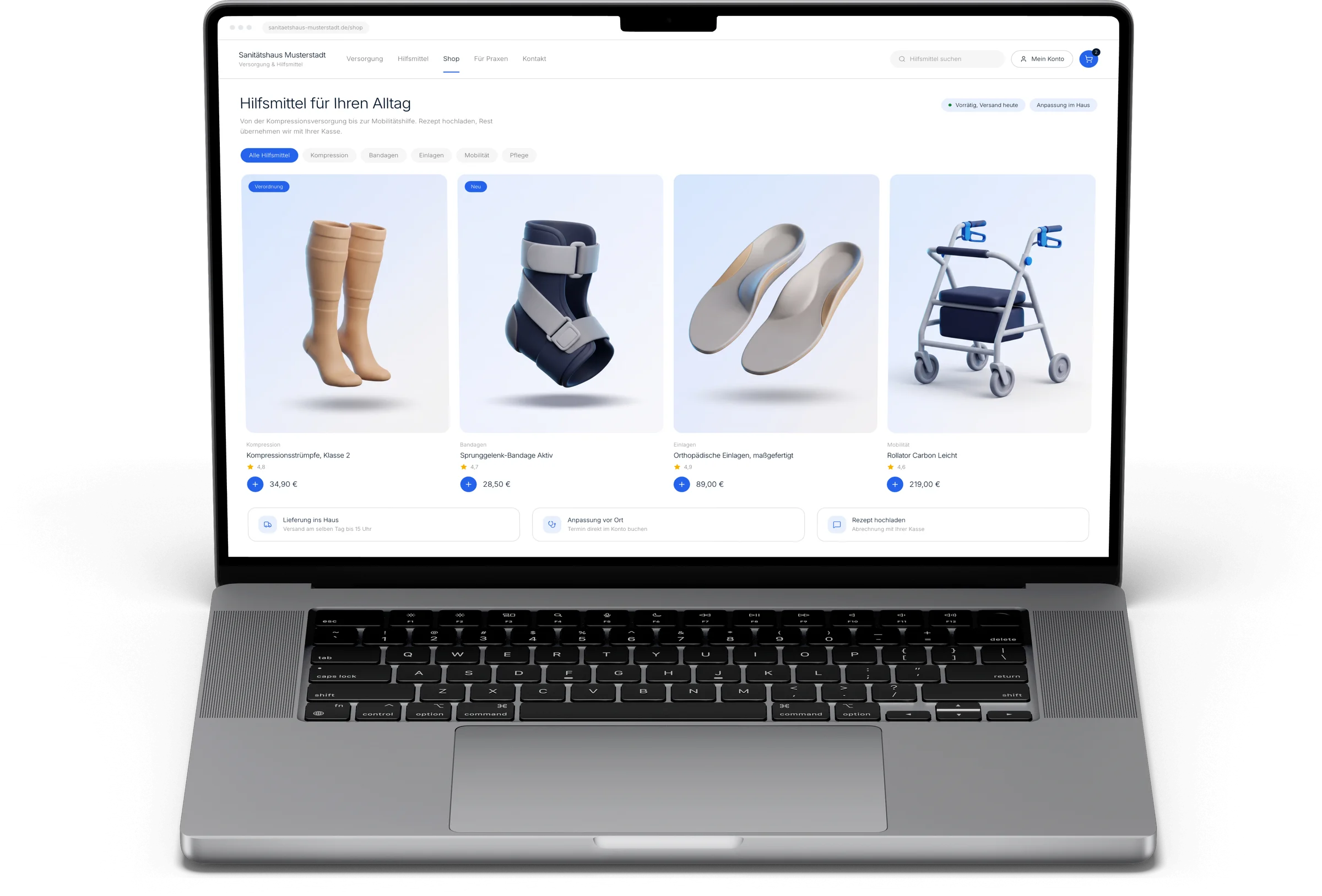 MacBook zeigt den Hilfsmittel-Shop auf der Website eines Sanitätshauses: Kompressionsstrümpfe, Sprunggelenk-Bandage, orthopädische Einlagen und Rollator mit Preisen, dazu Lieferung ins Haus und Anpassung vor Ort