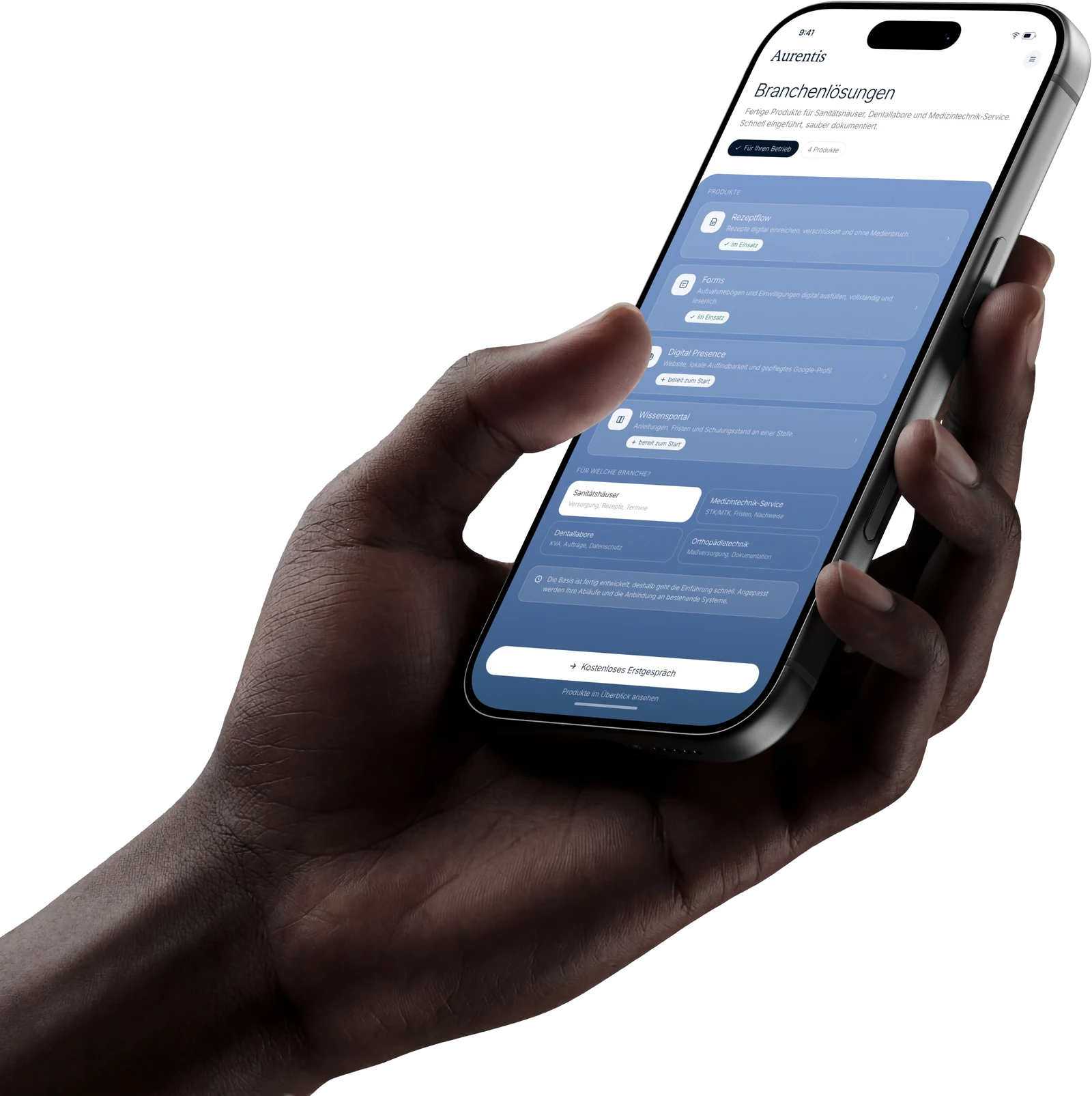 Hand hält ein Smartphone mit der Aurentis-Übersicht der Branchenlösungen: Forms, Digital Presence und Wissensportal